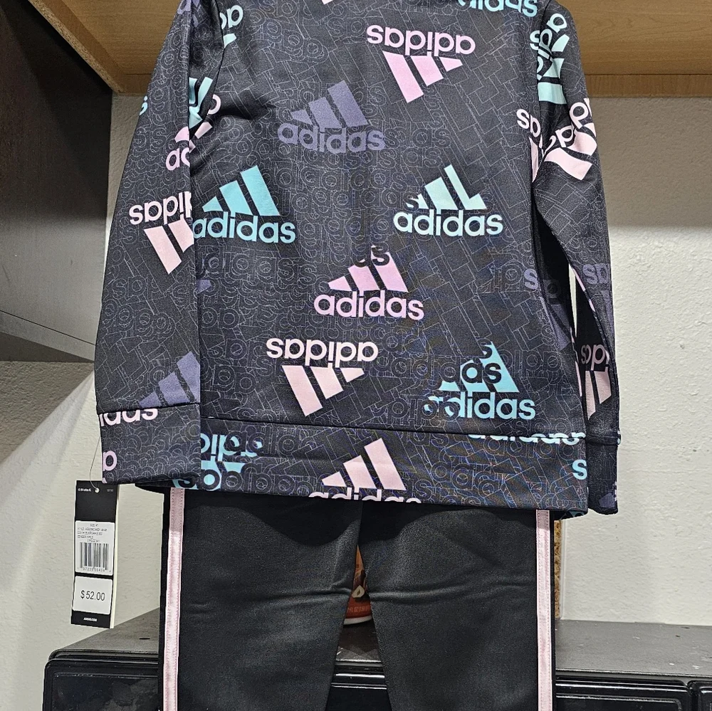 New Adidas Kids' Black Tracksuit with Pink and Blue Accents toddler girls 4T